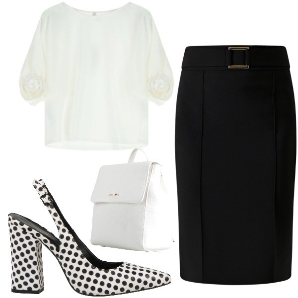 Outfit donna - Mettere i puntini. Stile Vintage retrò per Ufficio. Abbinamento con décolleté, zaini, bluse, gonne.