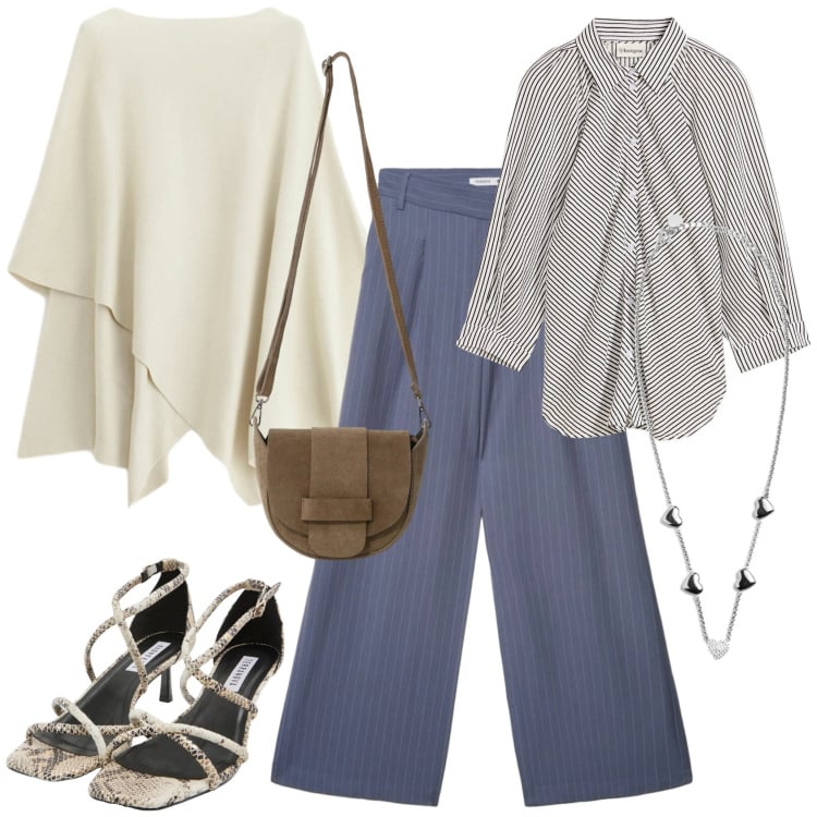 Outfit donna - Eleganza quotidiana. Stile Casual chic per Tutti i giorni. Abbinamento con camicie, pantaloni, sandali col tacco, borse a tracolla, collane, maglieria.