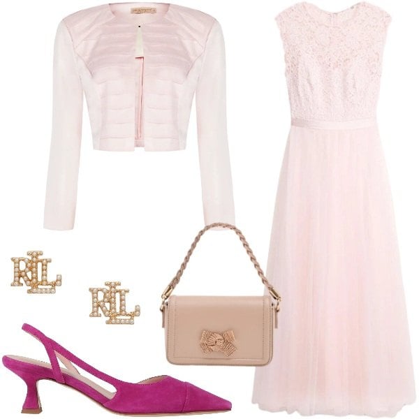 Outfit donna - Damigella in rosa. Stile Vintage retrò per Cerimonia. Abbinamento con décolleté, vestiti, bolero, pochette, orecchini.