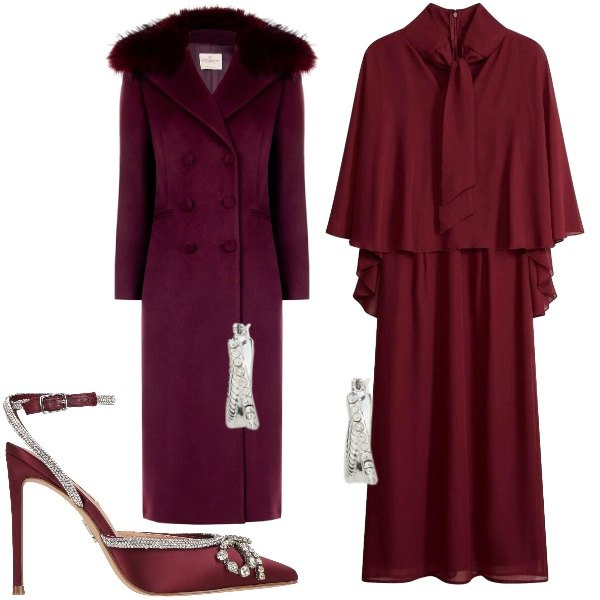 Outfit donna - Bordeaux e argento. Stile Vintage retrò per Cerimonia. Abbinamento con décolleté, vestiti, cappotti, orecchini.