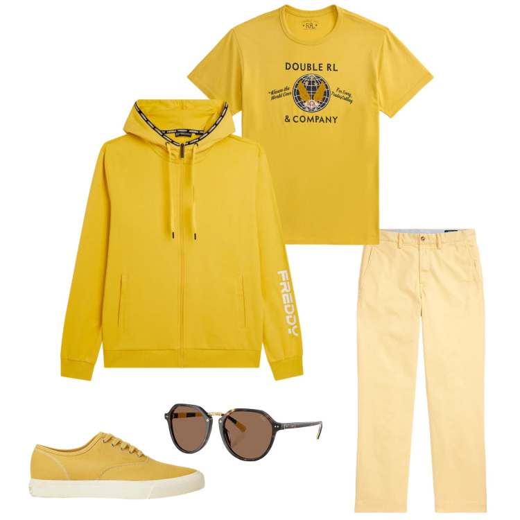 Outfit uomo - Yellow Monostyle. Stile Urban per Tutti i giorni. Abbinamento con felpe con cappuccio, sneakers, occhiali da sole, pantaloni, t-shirt.