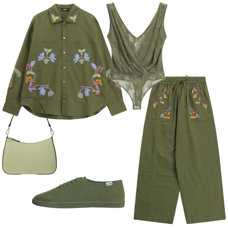 Outfit donna - Total look #2344182. Stile Bon Ton per Scuola/Università. Abbinamento con top, pantaloni a palazzo, blazer, borse a spalla, sneakers.