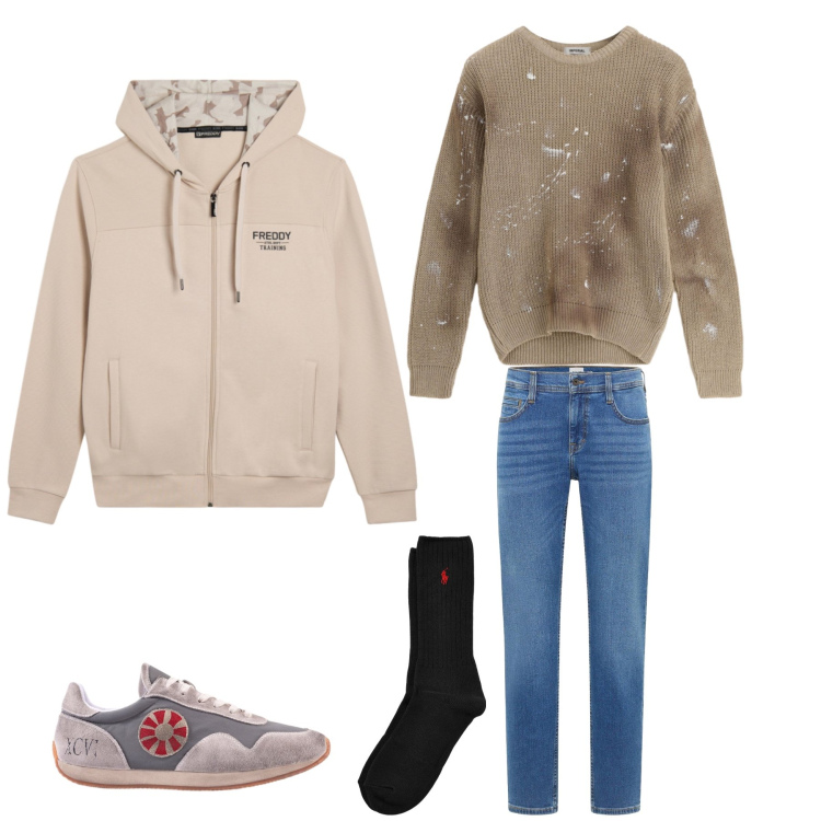 Outfit uomo - Urban Vintage. Stile Urban per Tutti i giorni. Abbinamento con jeans bootcut, maglieria, felpe con cappuccio, calzini, sneakers.
