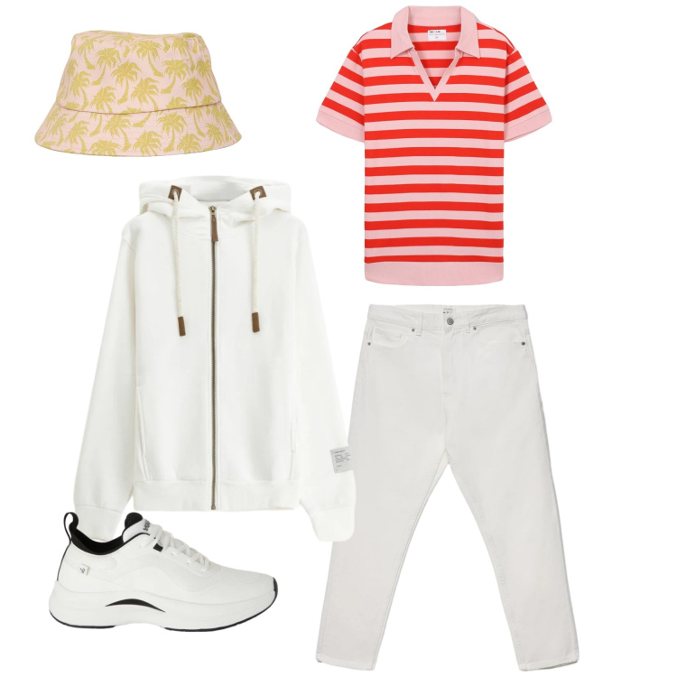 Outfit uomo - Sunset Palette. Stile Urban per Tutti i giorni. Abbinamento con felpe con cappuccio, cappelli con visiera, t-shirt, jeans, sneakers.