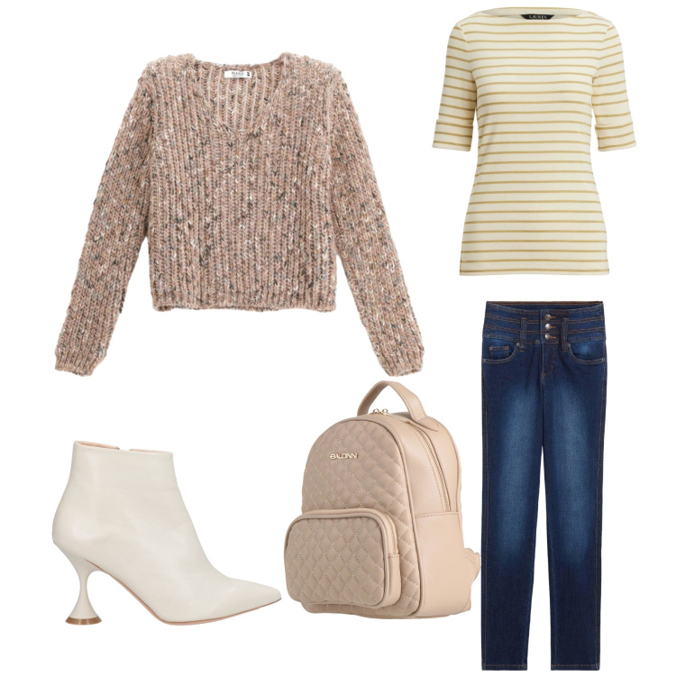 Outfit donna - Urban Chic in Palette Neutra. Stile Urban per Tutti i giorni. Abbinamento con zaini, stivaletti, jeans, maglieria, t-shirt.