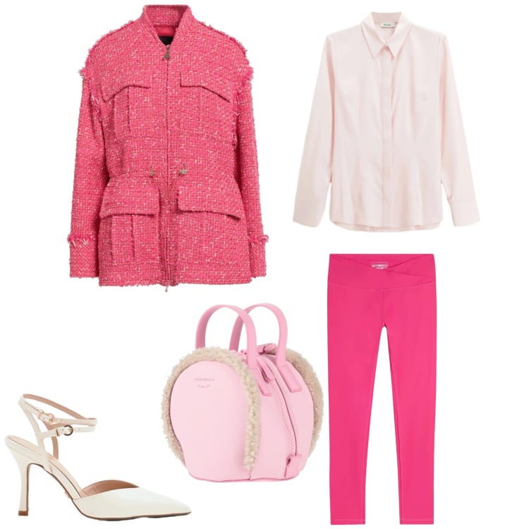 Outfit donna - Pink Power. Stile Glamour per Tutti i giorni. Abbinamento con cappotti, zaini, décolleté, camicie, leggings.