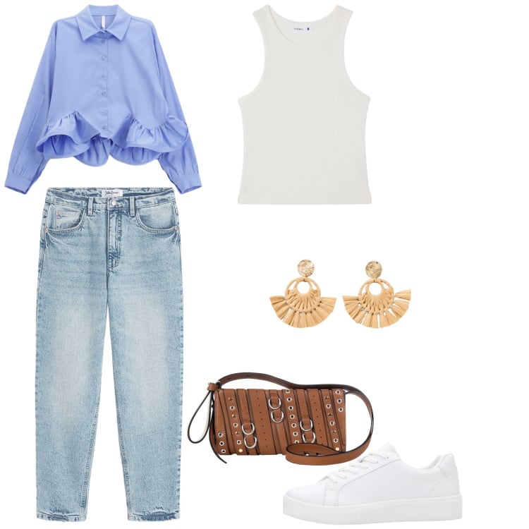 Outfit donna - Urban Sky. Stile Urban per Tutti i giorni. Abbinamento con sneakers, orecchini, jeans mom, canottiere, borse a spalla, camicie.