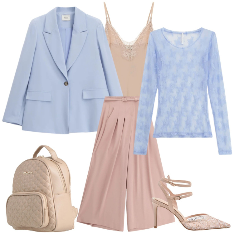 Outfit donna - Total look #2344191. Stile Casual chic per Ufficio. Abbinamento con zaini, bluse, pantaloni a palazzo, blazer, body, décolleté.