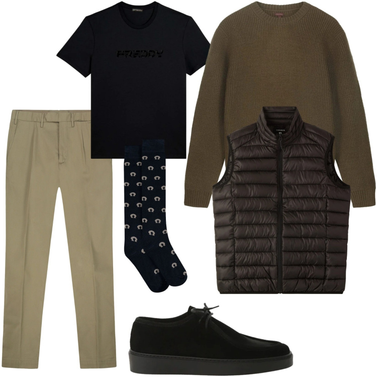 Outfit uomo - Strati. Stile Trendy per Tutti i giorni. Abbinamento con scarpe stringate, piumini, t-shirt, pantaloni, calzini, maglieria.
