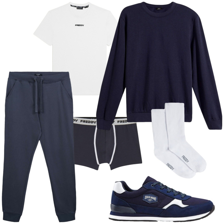 Outfit uomo - In palestra. Stile Casual per Sport. Abbinamento con felpe, sneakers, pantaloni sportivi, t-shirt, boxer, calzini.