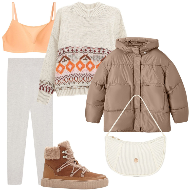 Outfit donna - Ancora freddino. Stile Casual per Tutti i giorni. Abbinamento con reggiseni, stivaletti, bomber, leggings, borse a mano, maglieria.