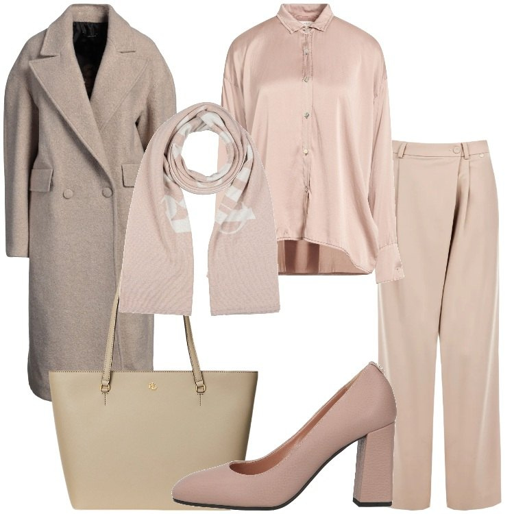 Outfit donna - Tonalità cipria e polverose. Stile Bon Ton per Ufficio. Abbinamento con sciarpe, cappotti, camicie, décolleté, pantaloni a palazzo, borse tote.