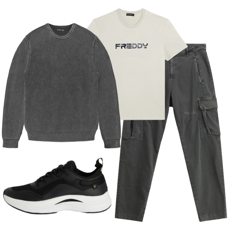 Outfit uomo - Total look #2344202. Stile Casual per Tutti i giorni. Abbinamento con maglieria, pantaloni cargo, sneakers, t-shirt.