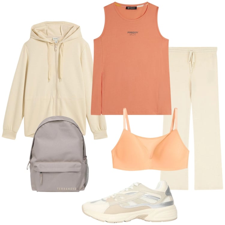 Outfit donna - Move on. Stile Casual per Sport. Abbinamento con reggiseni, felpe con cappuccio, sneakers, zaini, pantaloni a palazzo, canottiere.