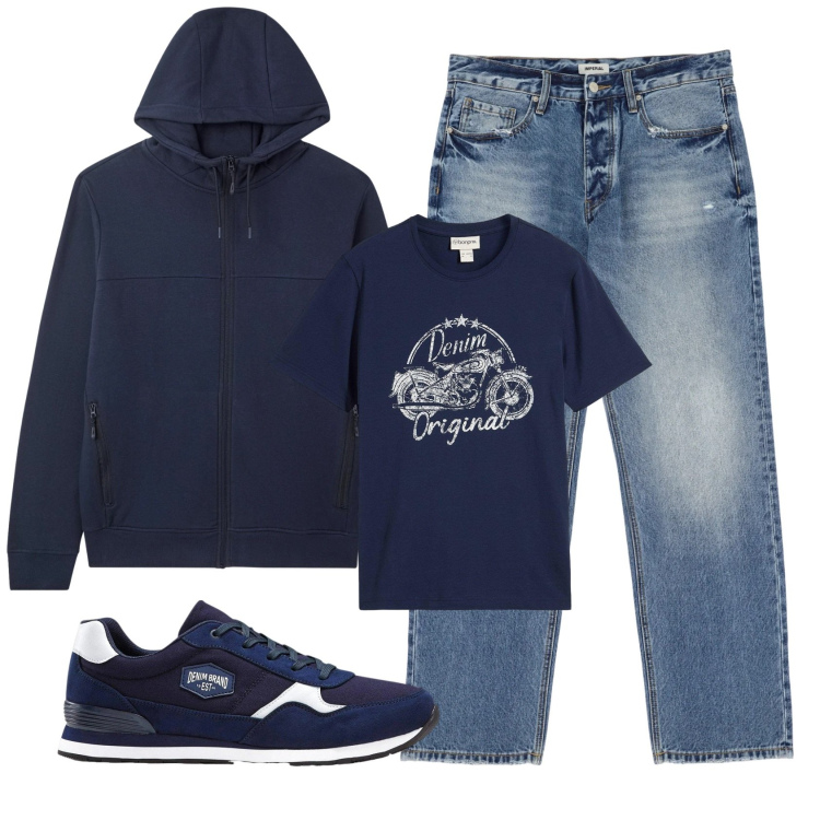 Outfit uomo - Total look #2344207. Stile Casual per Tutti i giorni. Abbinamento con sneakers, t-shirt, jeans, felpe con cappuccio.