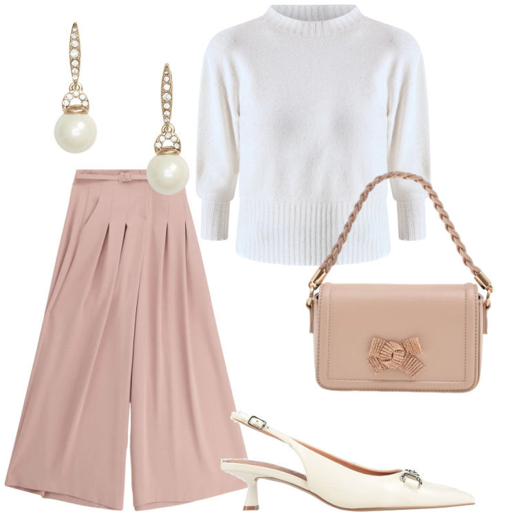 Outfit donna - Total look #2344209. Stile Romantica per Cerimonia. Abbinamento con décolleté, pantaloni a palazzo, pochette, maglieria, orecchini.