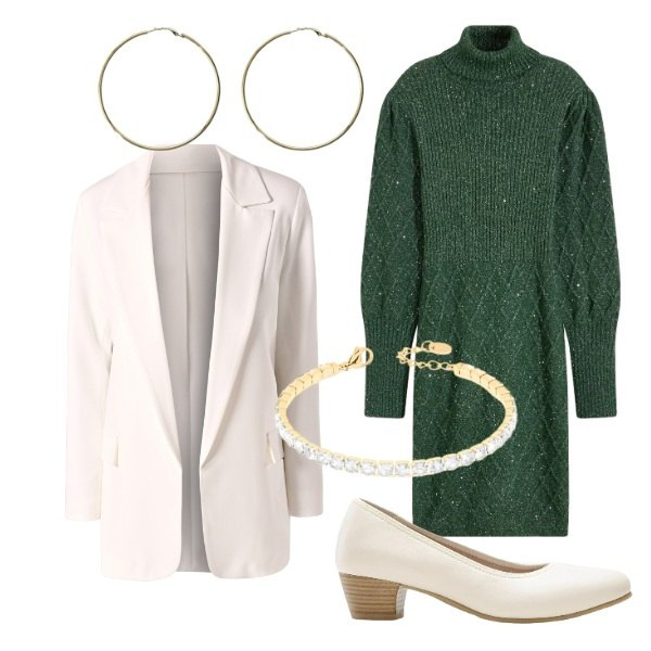 Outfit donna - Stasera Mini dress con paillettes. Stile Chic per Serata fuori. Abbinamento con décolleté, vestiti, orecchini, braccialetti, blazer.