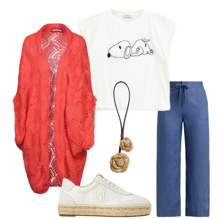 Outfit donna - Total look #2344217. Stile Basic per Tutti i giorni. Abbinamento con cardigans, t-shirt, pantaloni, sneakers, ciondoli.