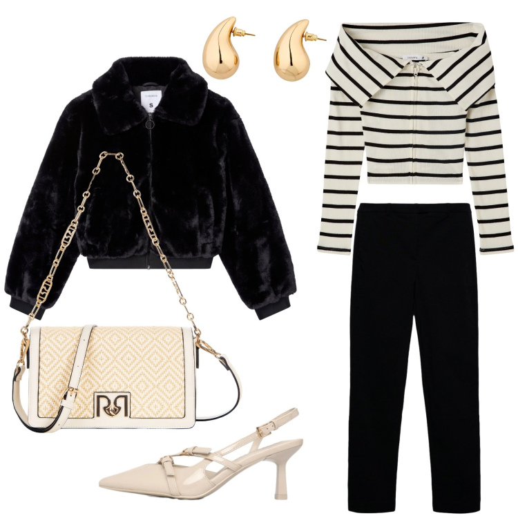 Outfit donna - Fantasia a righe. Stile Glamour per Serata fuori. Abbinamento con orecchini, pantaloni skinny, cardigans, ecopellicce, décolleté, borse a tracolla.