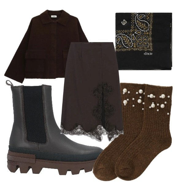 Outfit donna - Serata romantica e spensierata. Stile Romantica per Serata fuori. Abbinamento con stivaletti chelsea, gonne longuette, cardigans, foulard, calzini.