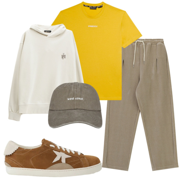 Outfit uomo - T-shirt gialla. Stile Casual per Tutti i giorni. Abbinamento con felpe con cappuccio, sneakers, pantaloni, cappelli con visiera, t-shirt.