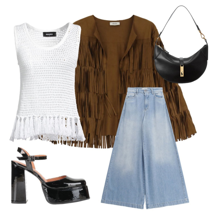 Outfit donna - W le frange 70s boho. Stile 70s per Tutti i giorni. Abbinamento con top, décolleté, giacche, jeans, borse a spalla.