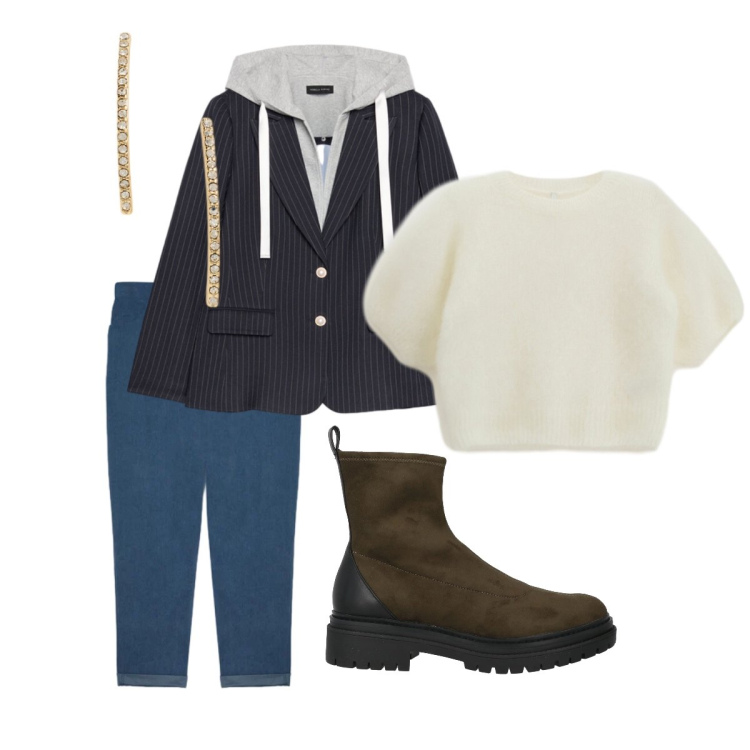 Outfit donna - Mannish casual. Stile Mannish per Ufficio. Abbinamento con stivaletti, pantaloni, blazer, t-shirt, orecchini.