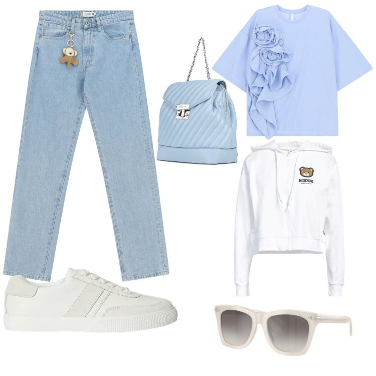 Outfit donna - Blanco y Azul. Stile Casual per Scuola/Università. Abbinamento con felpe con cappuccio, zaini, t-shirt, jeans dritti, occhiali da sole, sneakers.