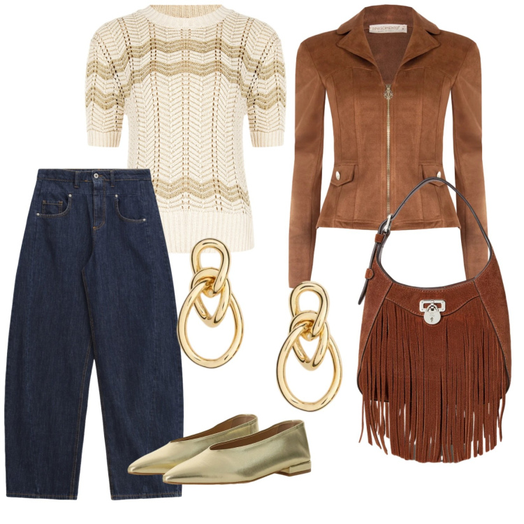 Outfit donna - Colori di primavera. per Tutti i giorni. Abbinamento con ballerine, jeans, t-shirt, giacche, borse a tracolla, orecchini.