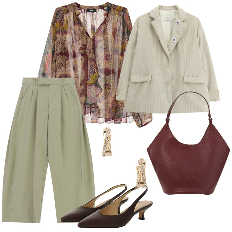 Outfit donna - Primavera in Dixie. per Tutti i giorni. Abbinamento con pantaloni a palazzo, camicie, décolleté, borse a spalla, blazer, orecchini.
