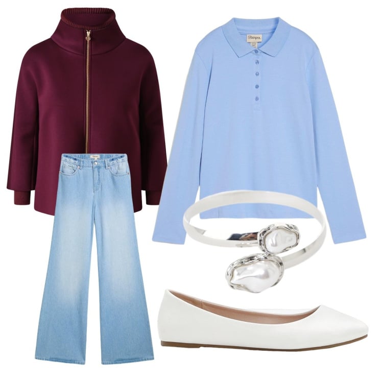 Outfit donna - Polo pesante. Stile Basic per Tutti i giorni. look ideale per Petite. Abbinamento con ballerine, jeans, polo, cappe, braccialetti.