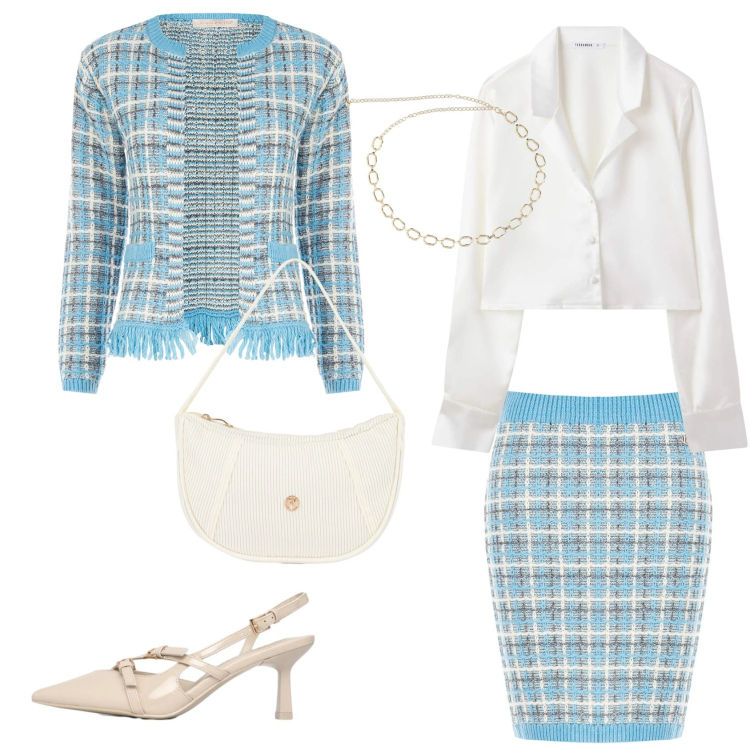 Outfit donna - Tailleur primaverile. Stile Bon Ton per Cerimonia. Abbinamento con décolleté, camicie, collane, borse a mano, gonne, blazer.