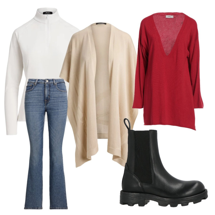 Outfit donna - La mantella per tutti i giorni. Stile Casual per Ufficio. Abbinamento con pullovers, stivaletti chelsea, pullovers, jeans bootcut, cappe.