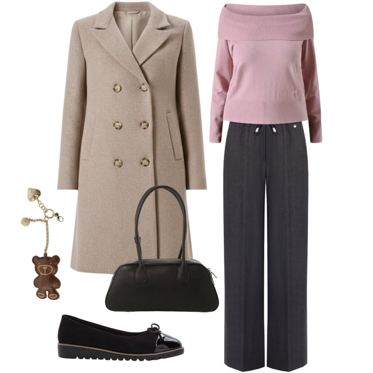 Outfit donna - Soffio. Stile Casual per Ufficio. Abbinamento con ballerine, pantaloni, maglieria, cappotti, borse a mano, portachiavi.