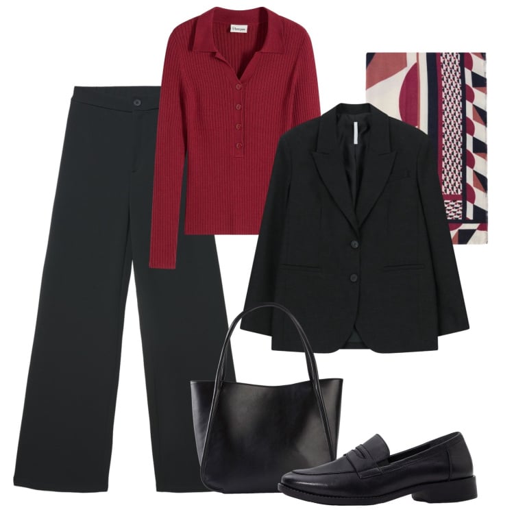 Outfit donna - Minimalista nero/prugna. Stile Minimal per Ufficio. Abbinamento con maglieria, mocassini, shopping bag, pantaloni, blazer, foulard.