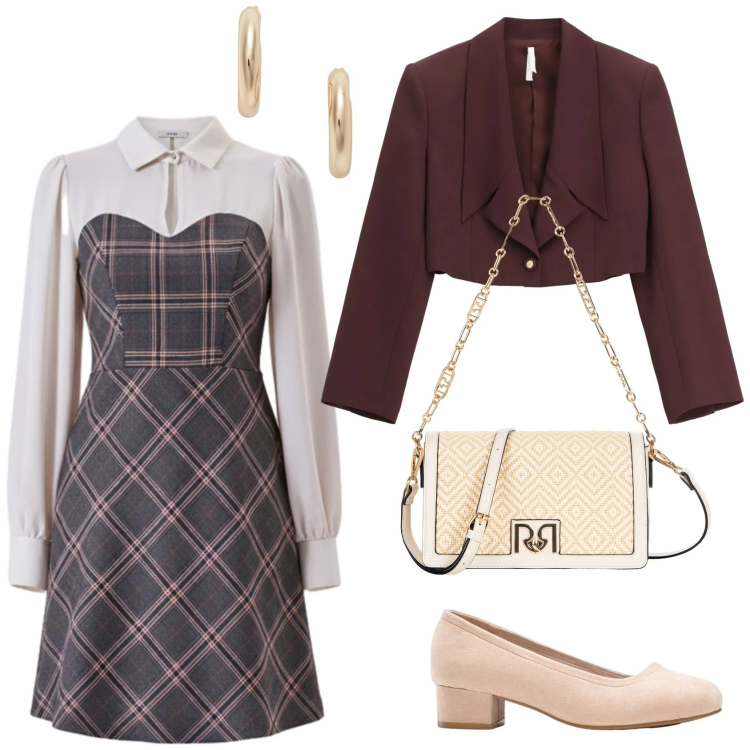 Outfit donna - Eleganza con tessuto scozzese. Stile Bon Ton per Serata fuori. Abbinamento con décolleté, blazer, vestiti a tubino, borse a tracolla, orecchini.