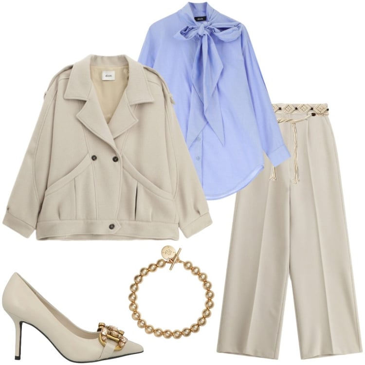 Outfit donna - Tonalità polverose. Stile Casual chic per Serata fuori. Abbinamento con décolleté, cinture, braccialetti, pantaloni, blazer, camicie.
