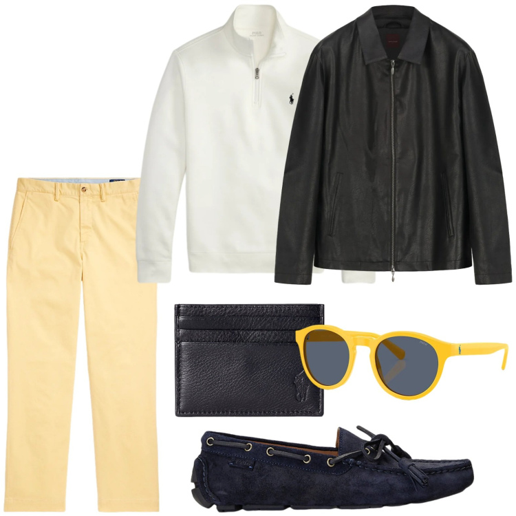 Outfit uomo - Il ritorno del colore. Stile Casual per Tutti i giorni. Abbinamento con scarpe stringate, portafogli, pantaloni, occhiali da sole, pullovers, giacche.