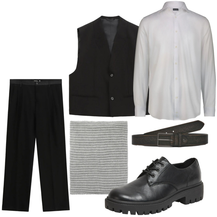 Outfit uomo - Gilet e camicia. Stile Casual per Tutti i giorni. Abbinamento con gilet, pantaloni, scarpe stringate, scaldacollo, cinture, camicie.