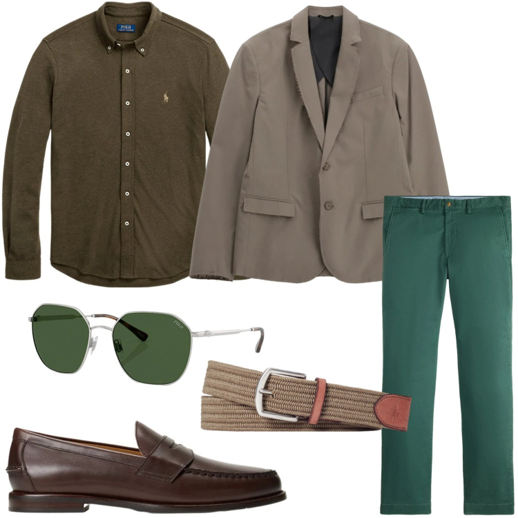 Outfit uomo - Un tocco di verde. Stile Trendy per Tutti i giorni. Abbinamento con giacche, cinture, camicie, occhiali da sole, scarpe stringate, pantaloni chino.