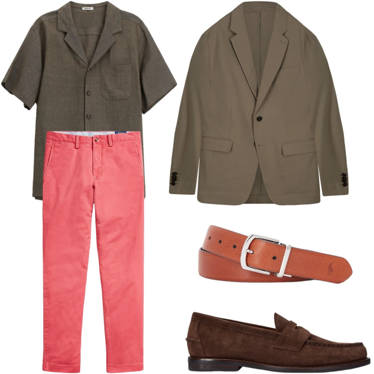 Outfit uomo - Un tocco di rosa. Stile Trendy per Tutti i giorni. Abbinamento con camicie a manica corta, cinture, scarpe stringate, pantaloni, giacche.