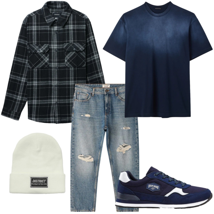 Outfit uomo - Jeans strappati. Stile Trendy per Tutti i giorni. Abbinamento con sneakers, cappotti, berretti, t-shirt, jeans strappati.