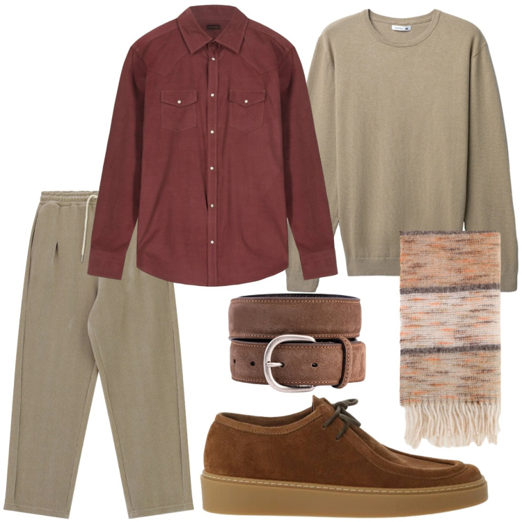 Outfit uomo - Colori invernali. Stile Trendy per Tutti i giorni. Abbinamento con maglieria, scarpe stringate, pantaloni, sciarpe, camicie, cinture.