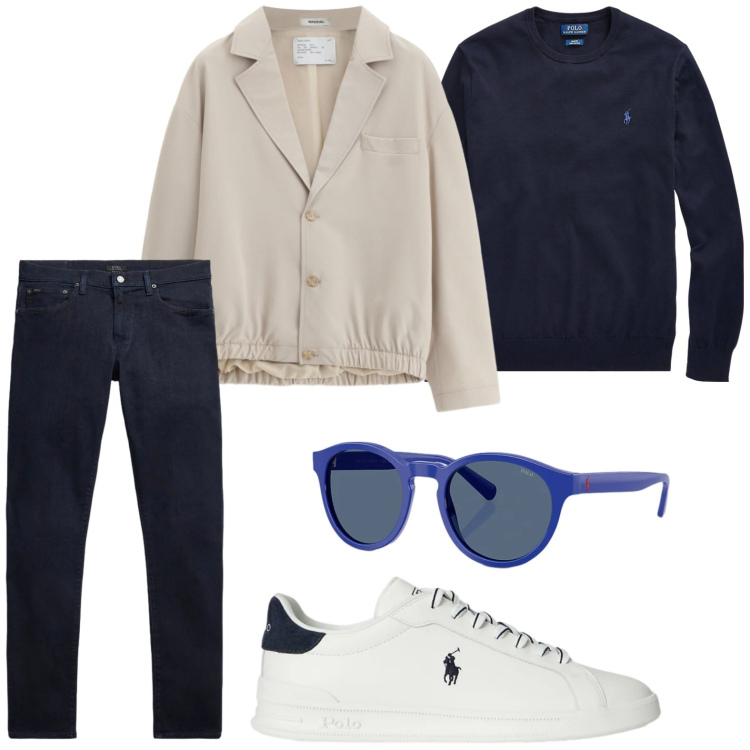 Outfit uomo - Total look #2344270. Stile Trendy per Tutti i giorni. Abbinamento con giacche, maglieria, jeans, occhiali da sole, sneakers.