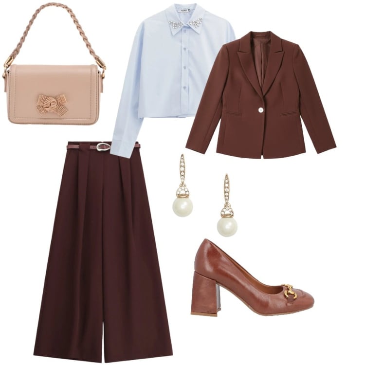Outfit donna - Glamour. Stile Casual per Cerimonia. Abbinamento con décolleté, camicie, pochette, blazer, pantaloni a palazzo, orecchini.