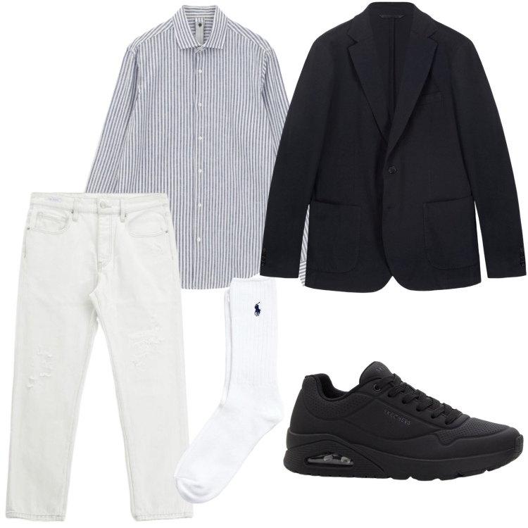 Outfit uomo - Righe moderne. Stile Trendy per Tutti i giorni. Abbinamento con sneakers, jeans dritti, camicie, calzini, giacche.