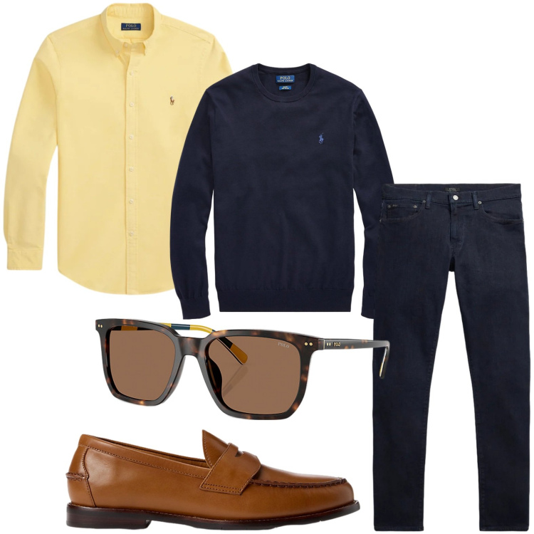 Outfit uomo - Ossessione giallo. Stile Trendy per Tutti i giorni. Abbinamento con scarpe stringate, maglieria, occhiali da sole, jeans, camicie.