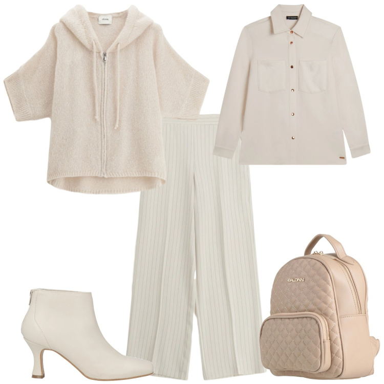 Outfit donna - Casual chic ufficio tempo libero. Stile Casual chic per Tutti i giorni. Abbinamento con stivaletti, zaini, pantaloni a palazzo, cardigans, camicie.