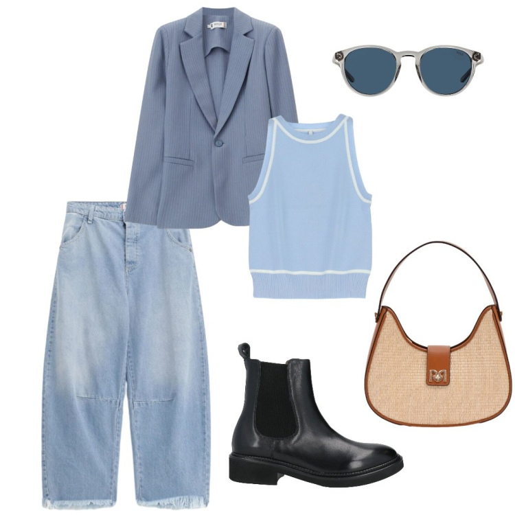Outfit donna - Casual. Stile Casual chic per Scuola/Università. look ideale per Tall. Abbinamento con stivaletti chelsea, top, blazer, jeans, borse a spalla, occhiali da sole.