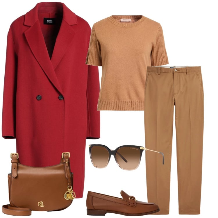 Outfit donna - Total look #2344280. Stile Chic per Tutti i giorni. Abbinamento con cappotti, pullovers, mocassini, occhiali da sole, pantaloni chino, borse a tracolla.